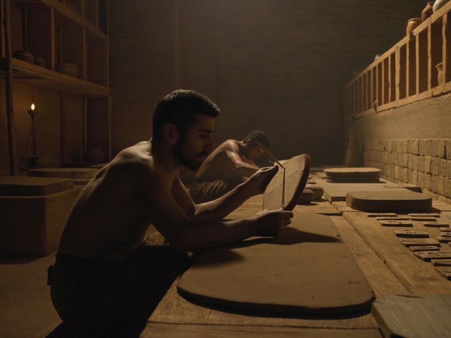 A Sumerian scribe in lamplight pressing a reed stylus into a wet clay tablet in the archive at Uruk