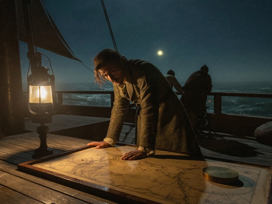 A navigator leans over a lantern-lit portolan chart on a caravel deck at night, crewmen at the rail over a moonlit swell
