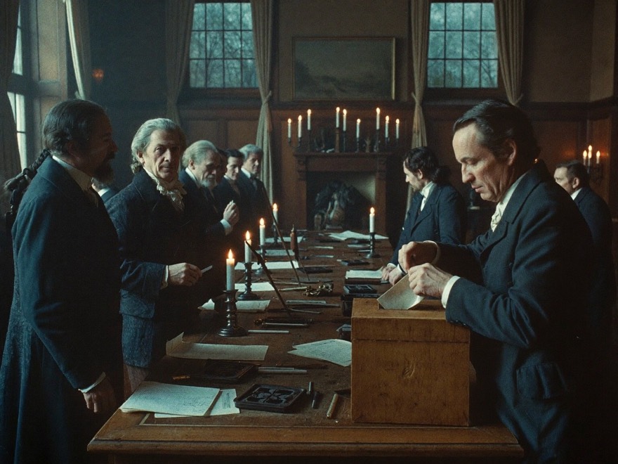 Delegates in a candlelit Philadelphia hall debate around a long table while one places a folded ballot into a wooden box
