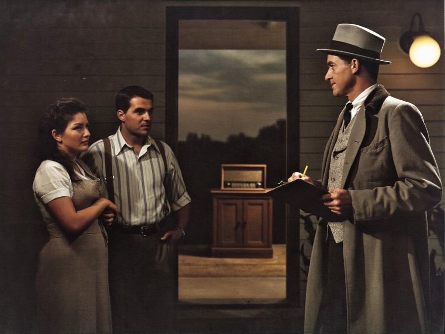 A 1930s pollster with a clipboard interviews a couple at their doorway, a cabinet radio glowing in the room behind
